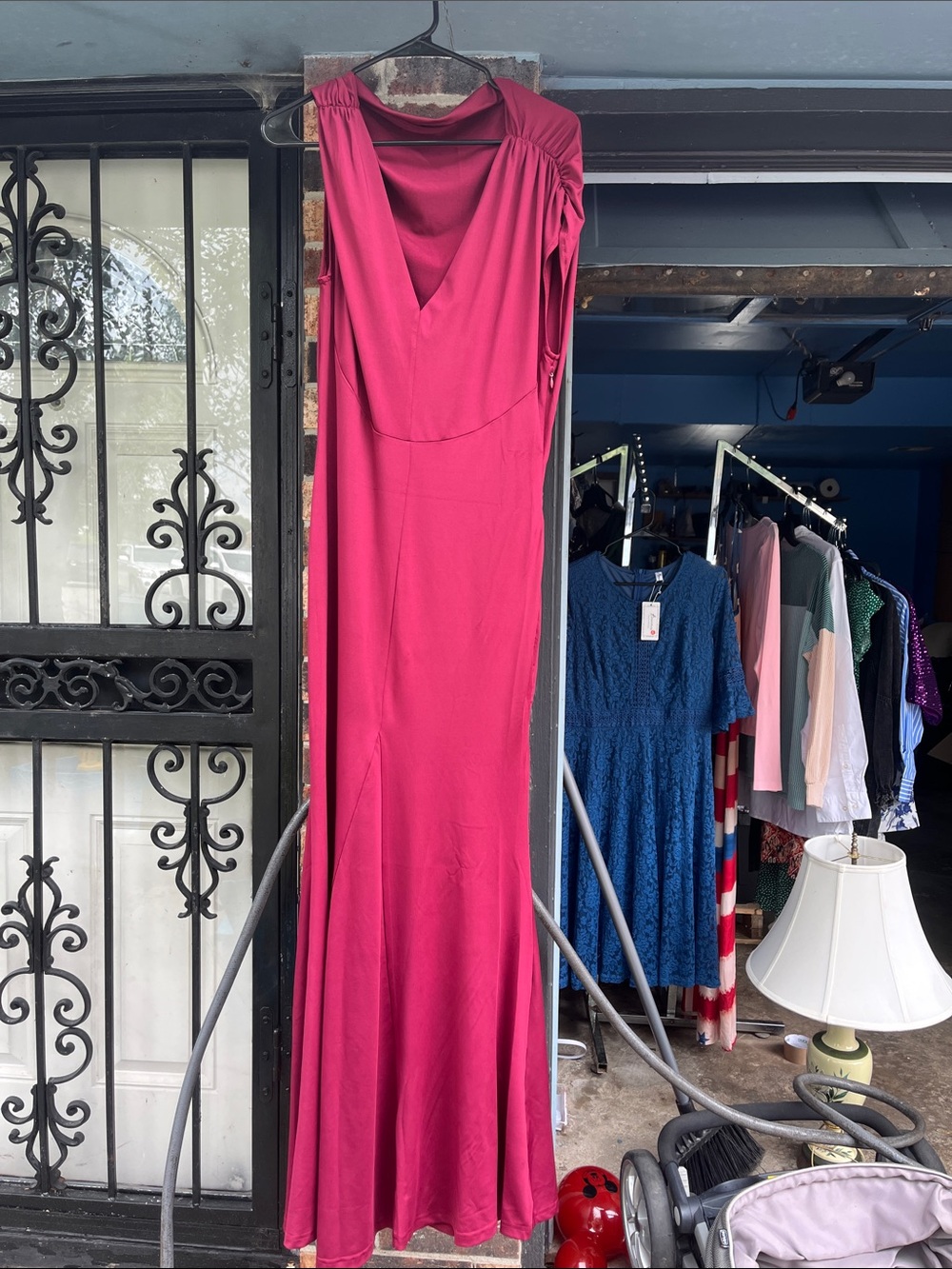 Elegant Fuchsia V-Neck Evening Gown
